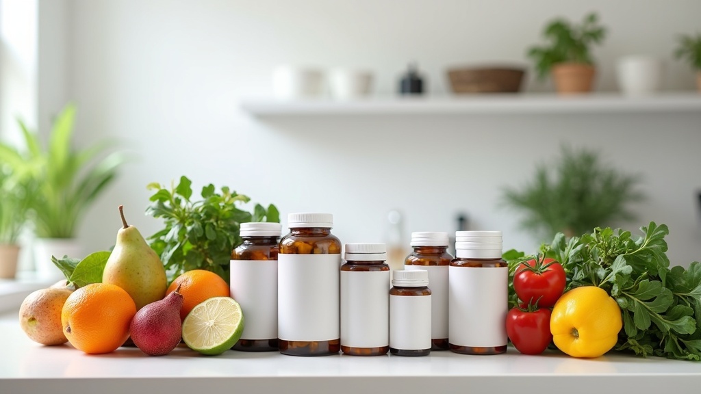 A selection of supplement bottles on a clean countertop, surrounded by fresh fruits and vegetables.